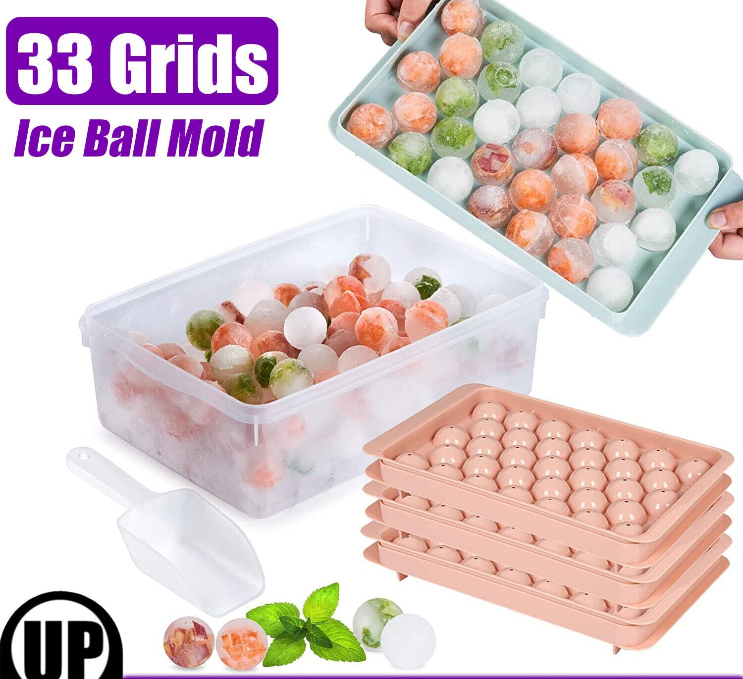 33 Grids Ball Maker Plastic Mold Sphere Whiskey round Mould Large Ice Cube Tray