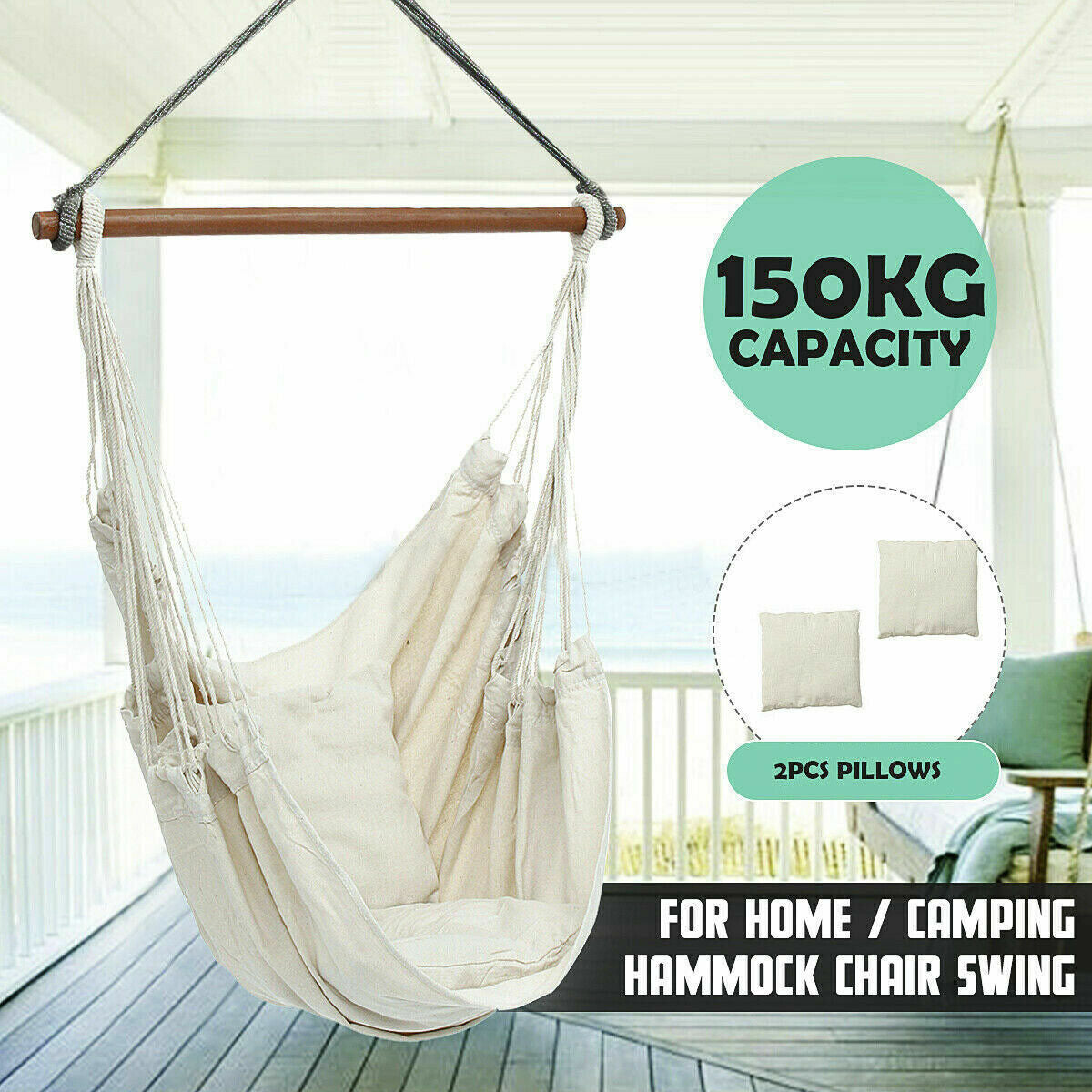 Portable Hanging Hammock Chair Swing Garden Outdoor Camping Soft with 2Xcushions