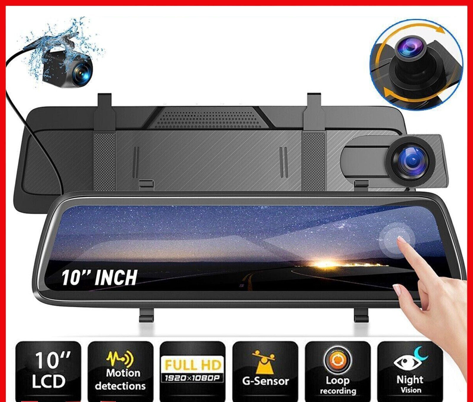 10" 1080P Mirror Car Dash Camera Front and Rear Night Vision Reverse Parking Kit