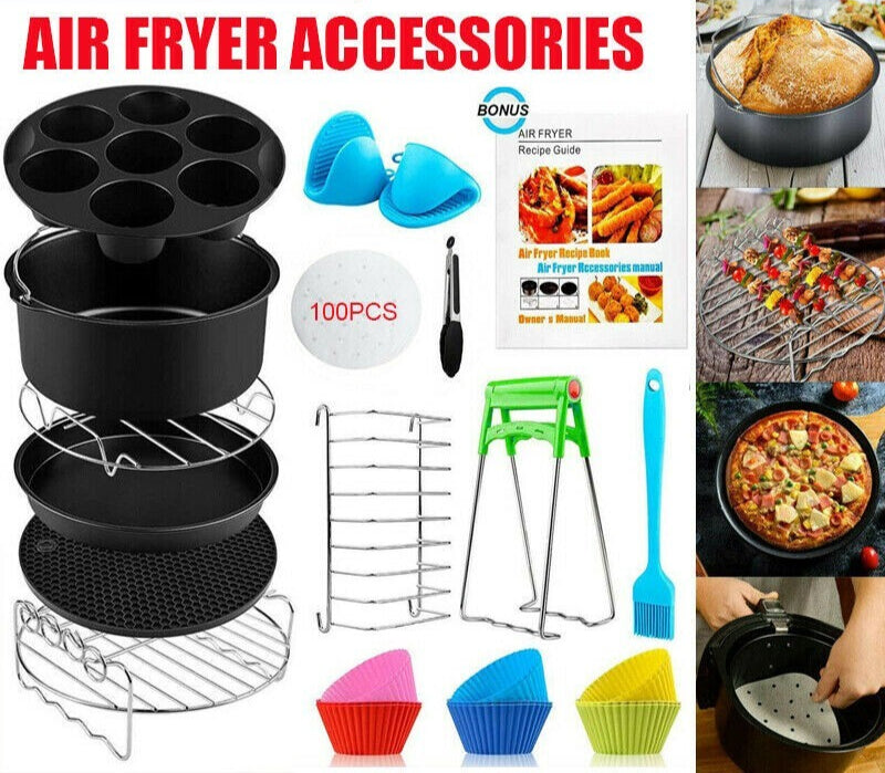 122Pcs 8 Inch Air Fryer Frying Cage Dish Baking Pan Rack Pizza Tray Accessories