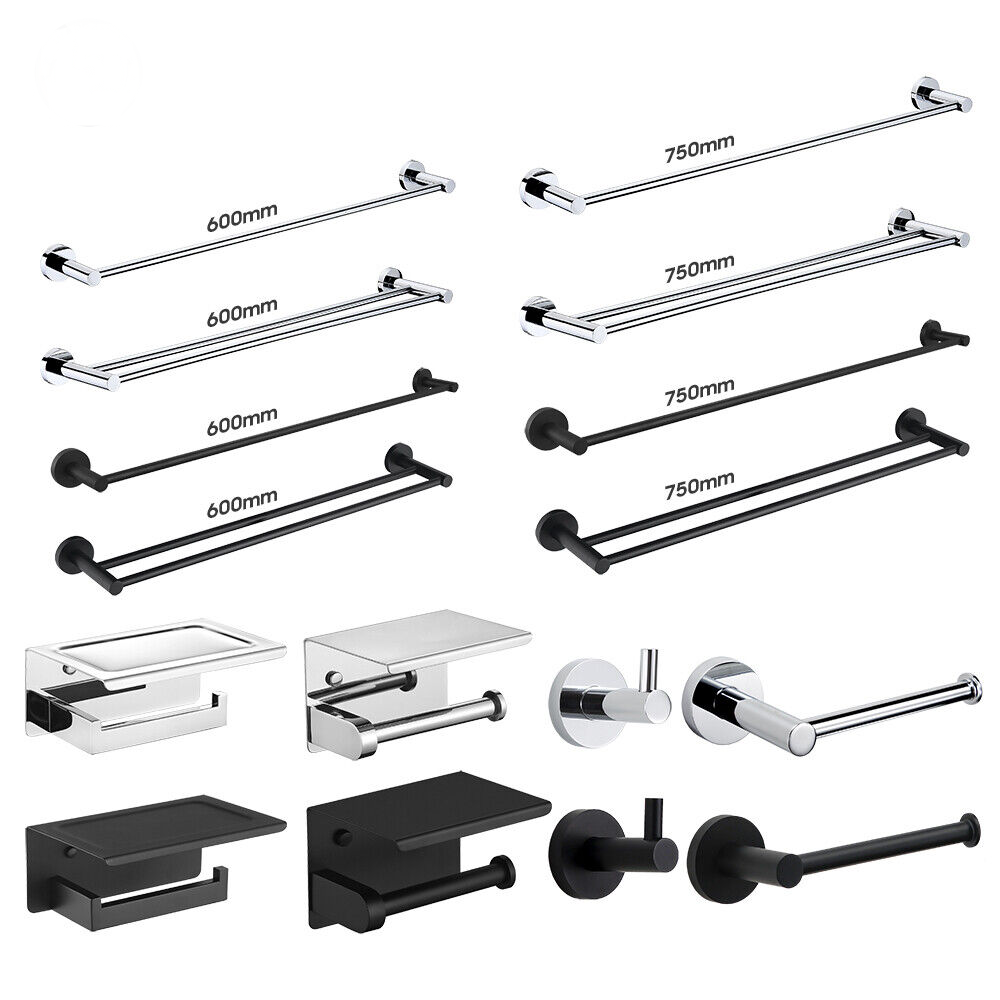 Toilet Roll Holder Towel Rail Racks Robe Hooks Bathroom Accessories Set
