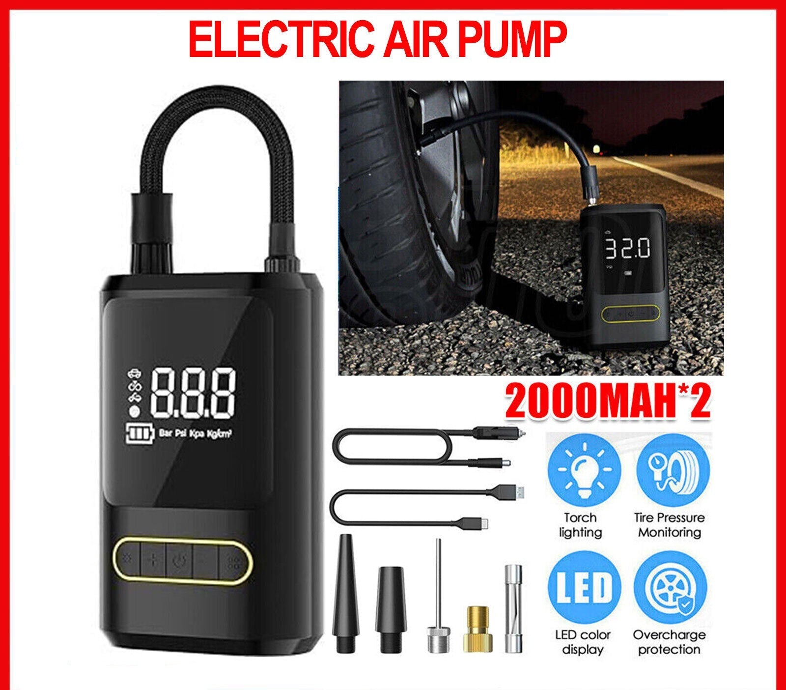 Cordless Car Air Pump Compressor Digital Tyre Inflator Electric Portable Pump
