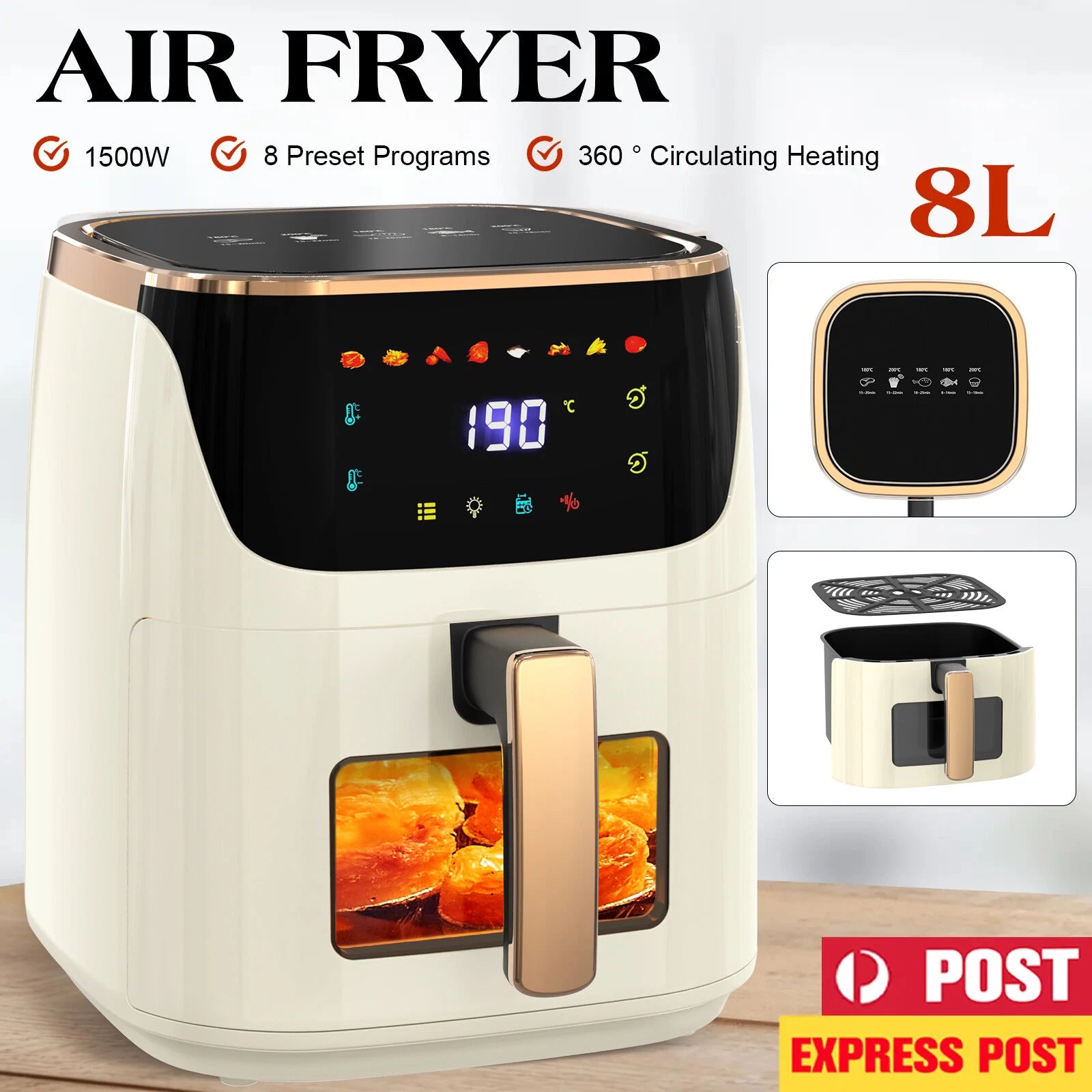 8L Air Fryer Healthy Fryer Oven Cooker LED Airfryer Oil Free Kitchen 1700W Beige