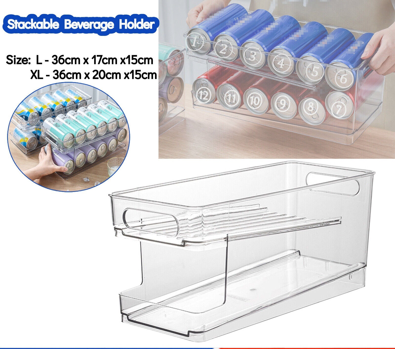 2-Layer Rolling Can Dispenser Plastic Fridge Beer Tin Holder Organiser Soda Rack