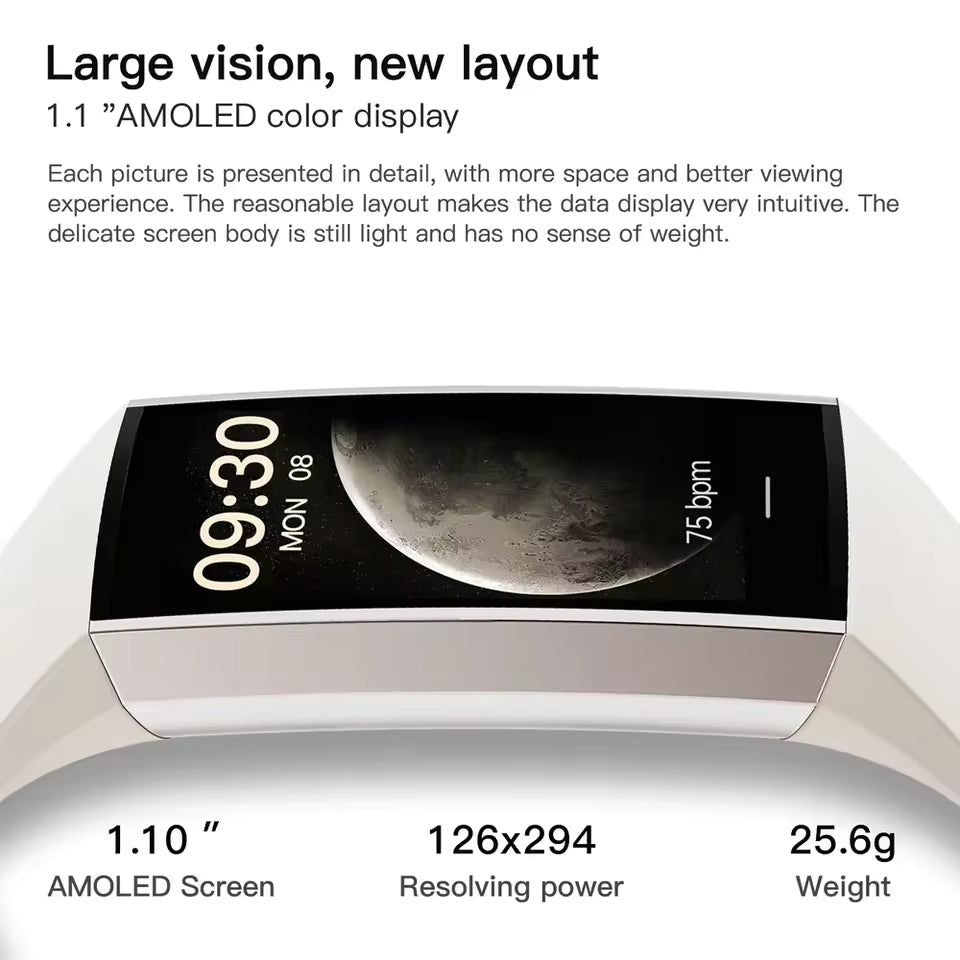 Waterproof Design: With an IP67 rating, this smart bracelet is designed to withstand water and dust, making it perfect for users like "Emma" who enjoy swimming or exercising outdoors.
