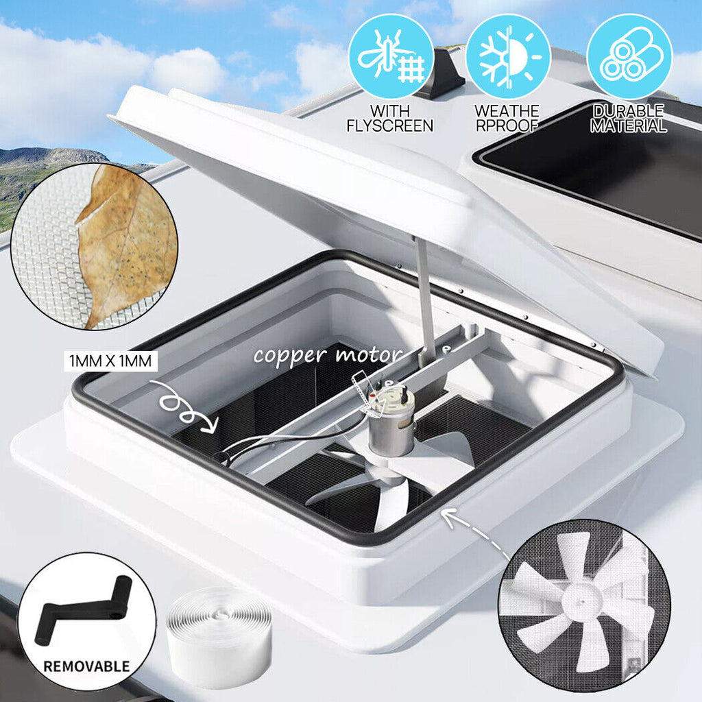 Caravan Roof Vent 355X355Mm 12V Fan RV Shower Hatch Flyscreen Motor Roof Vent
