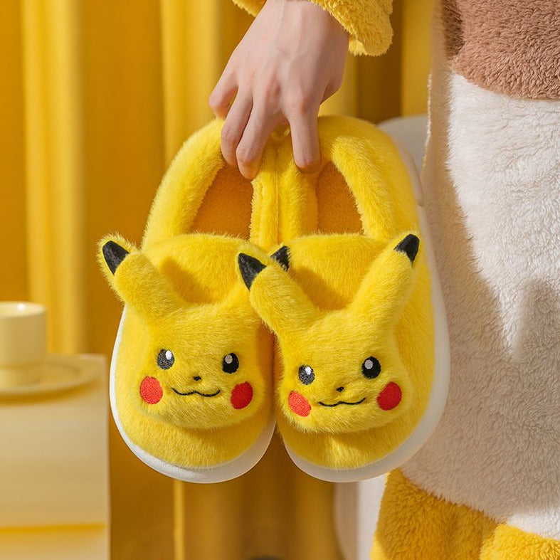 Cute Pokemon Pikachu Winter Plush Anti-Slip Slippers Shoes Creative Character Cartoon Cotton Fur Slides Indoor Warm Adults Slipper
