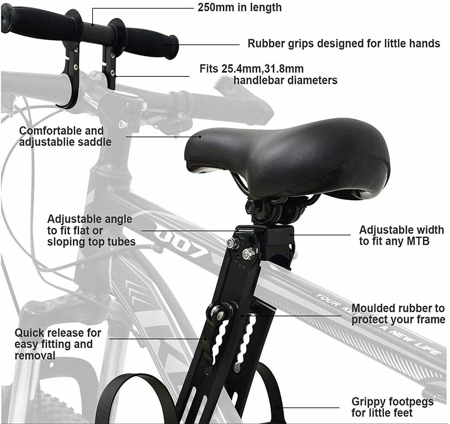 Front Mounted Child Bike Seat with Handrail Kids Seat Bicycle Detachable Armrest