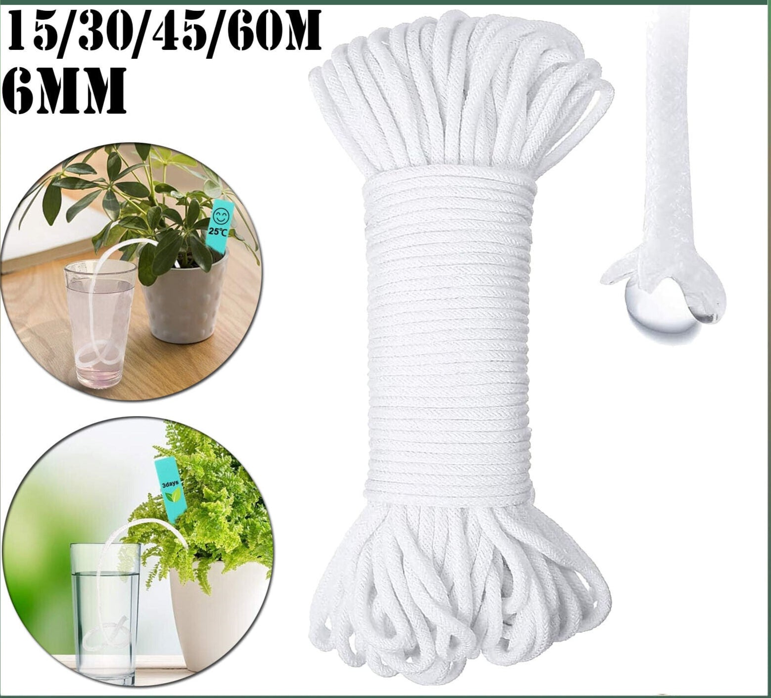 15-60M Self Watering Wick Cord Cotton Rope String Indoor Potted Plant Flower 6Mm