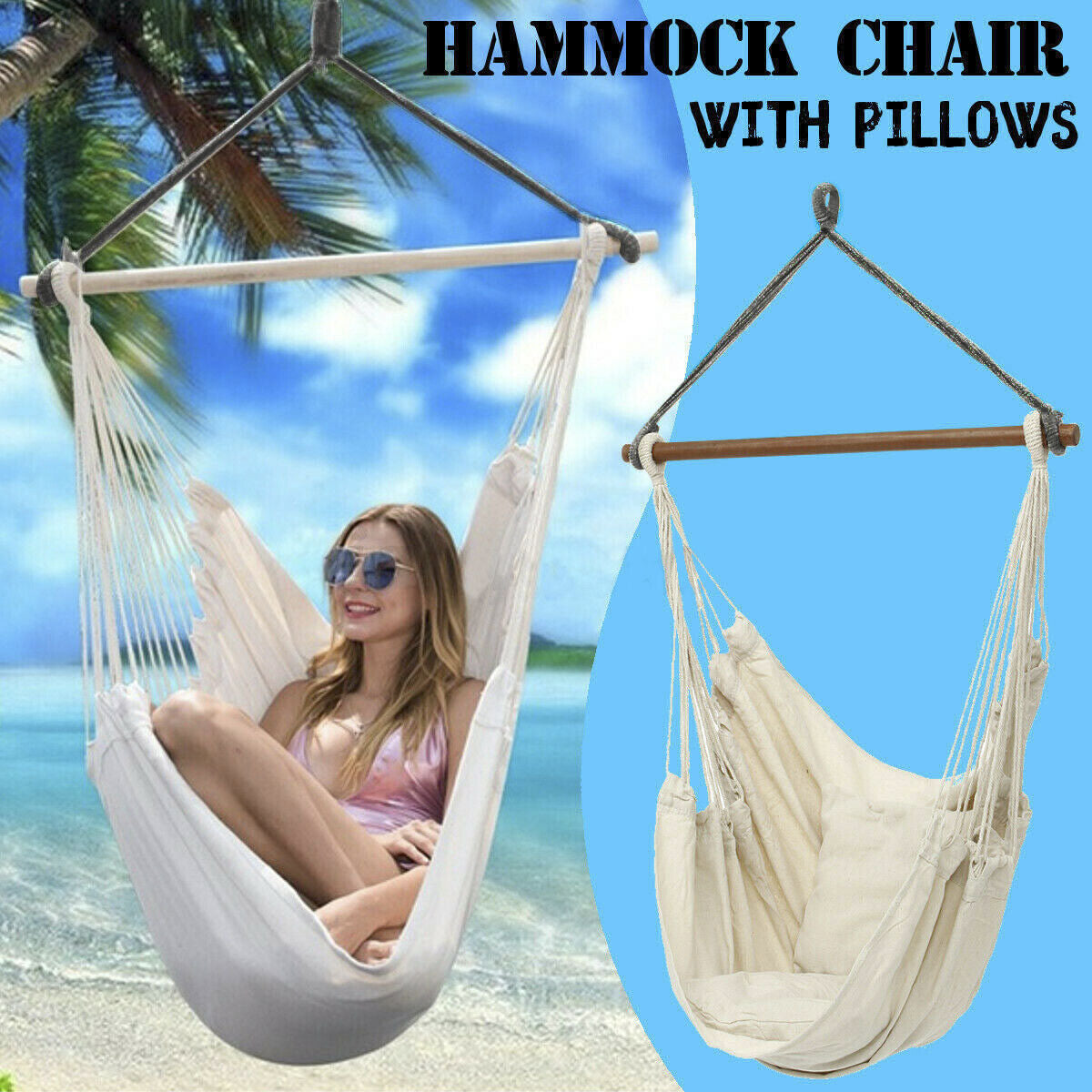 Portable Hanging Hammock Chair Swing Garden Outdoor Camping Soft with 2Xcushions