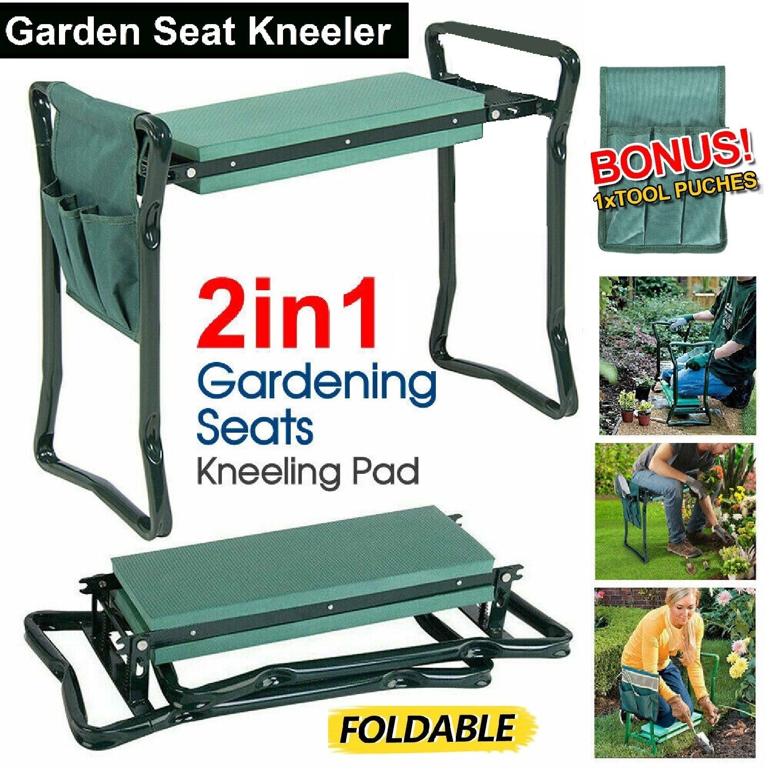 2 In1 Garden Kneeler and Seat Foldable Tool Pouch Home Outdoor Bench Knee Pad