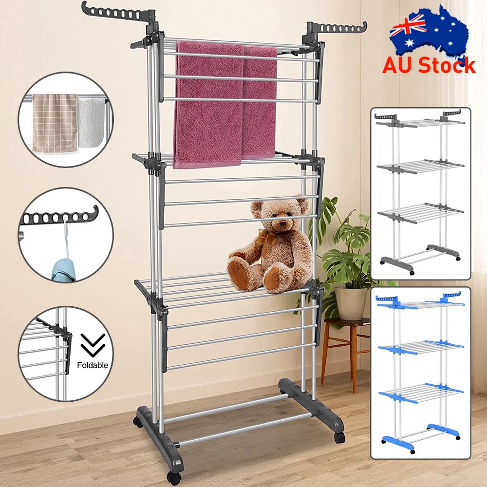 3 Tiers Foldable Garment Hanger Clothes Airer Drying Rack Laundry Support Horse