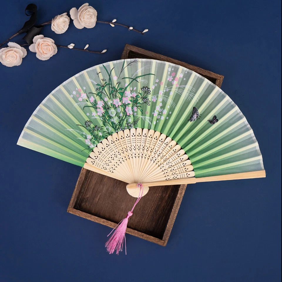 Chinese Style Folding Fan Bamboo Cloth Foldable Hand Held Dance Party Favor Gift