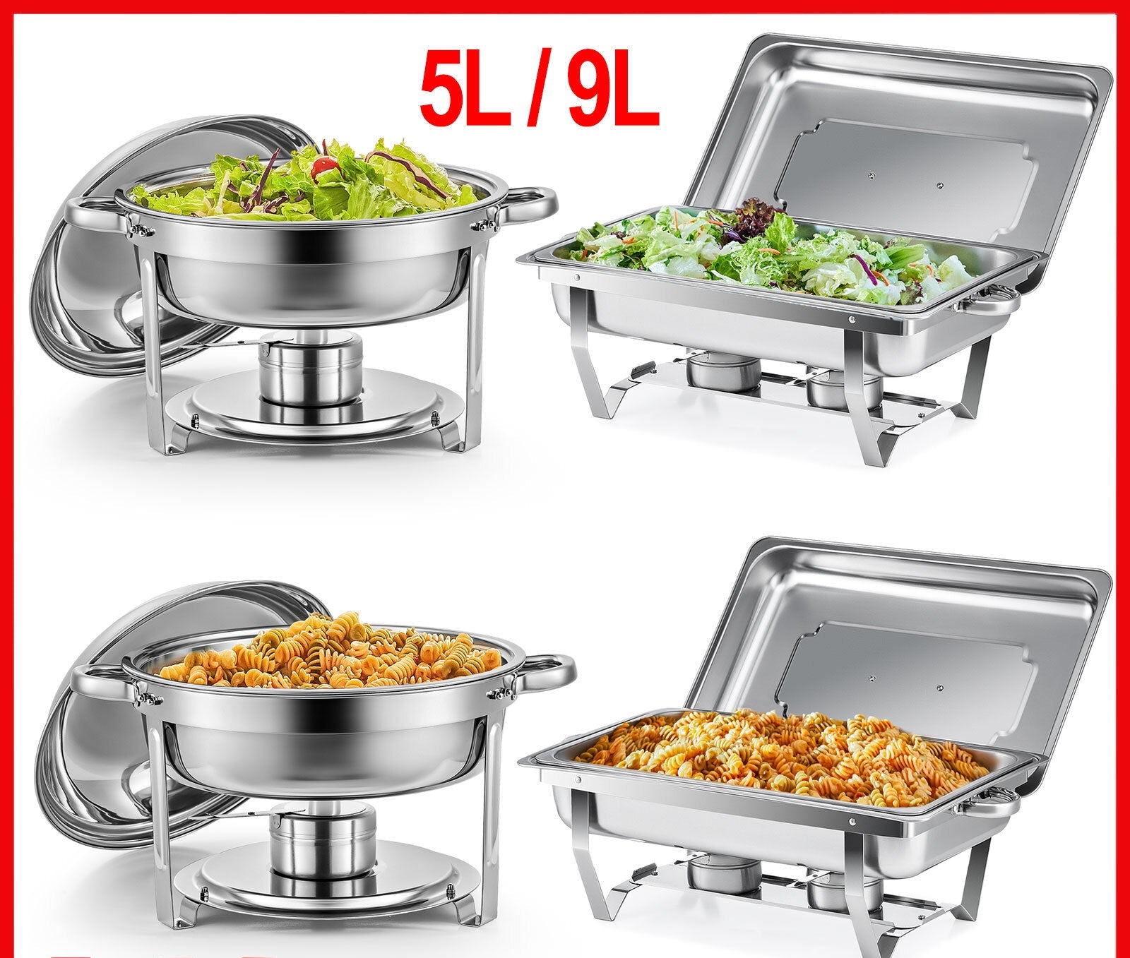 2/4 Pack Buffet Food Warmers round Chafing Dish 5L / 9L Stainless Bain Marie