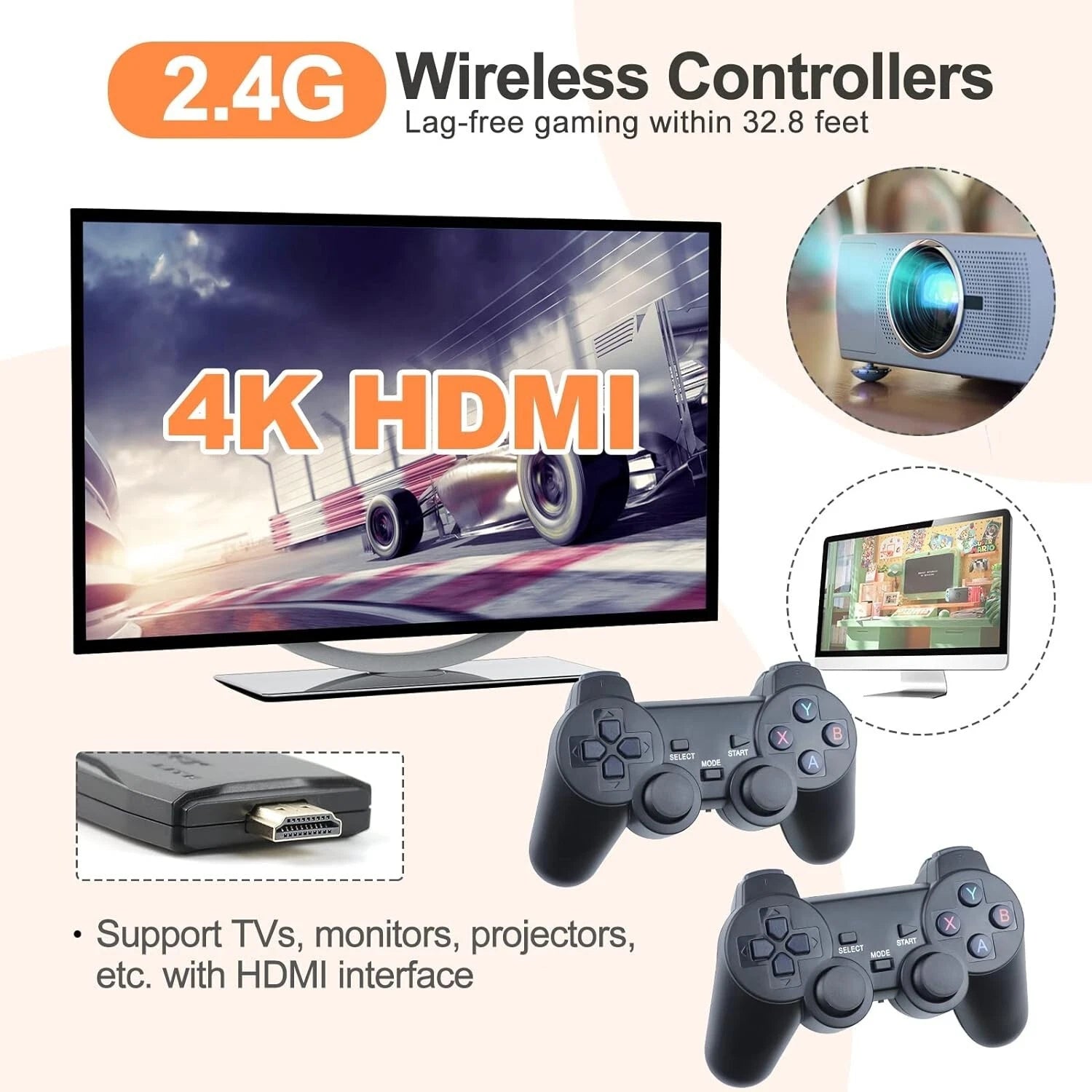 4K HDMI Retro Game Stick Console 20,000 Games Wireless TV Gaming System 2 Controllers