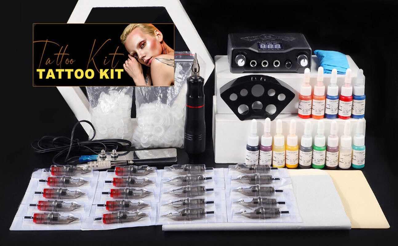 Tattoo Kit Gun Rotary Tattoo Machine Pen Tattoo Power Supply Set 14 Inks