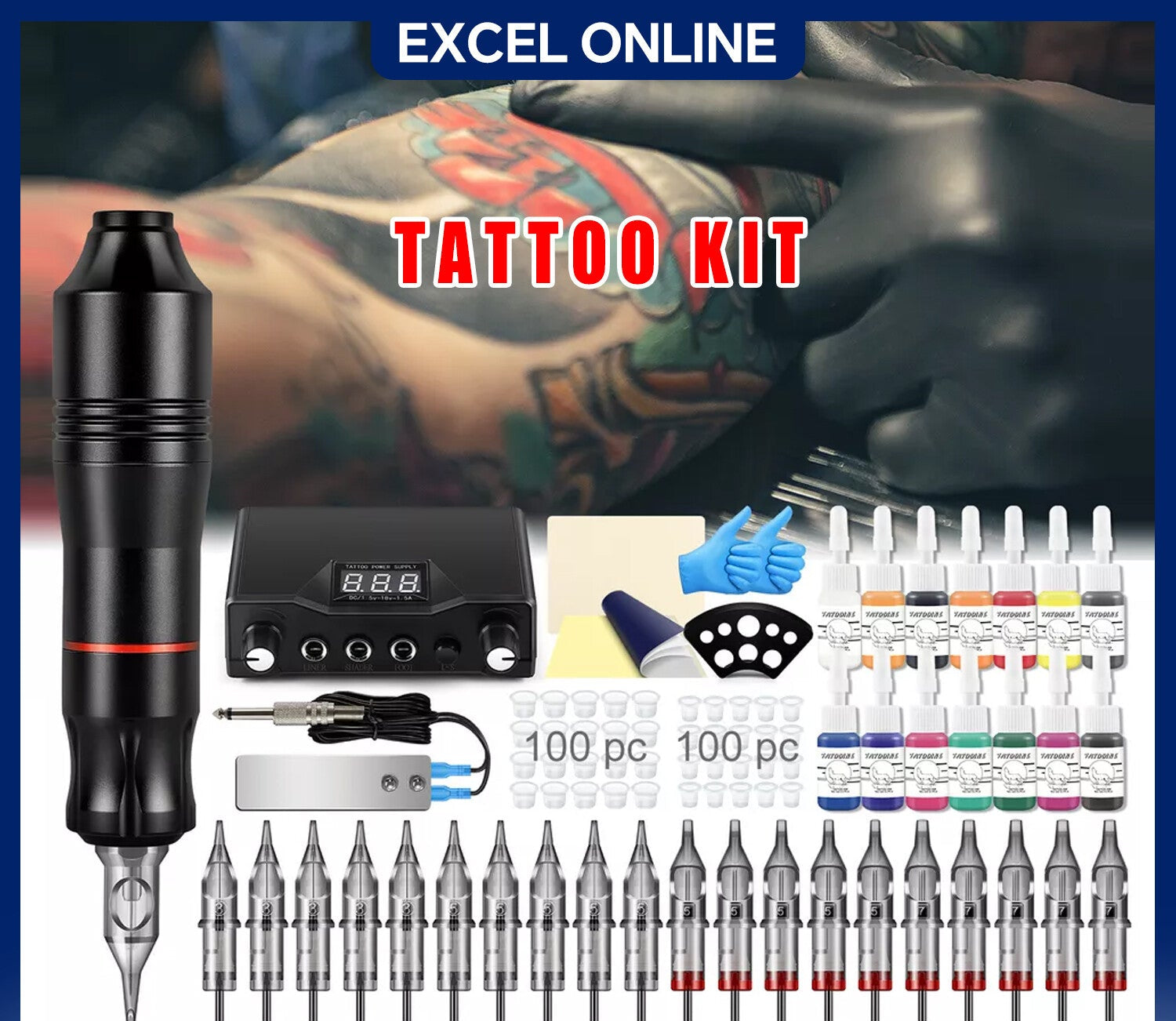 Tattoo Kit Gun Rotary Tattoo Machine Pen Tattoo Power Supply Set 14 Inks