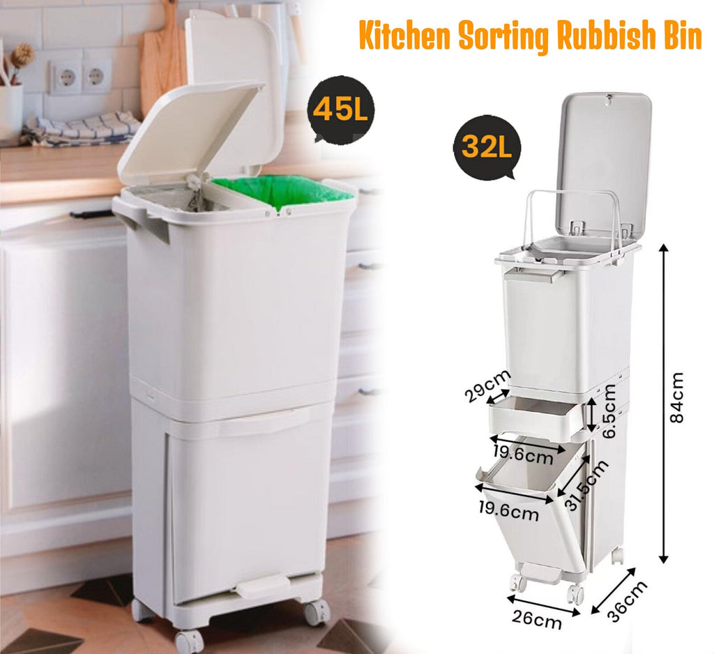 32L 45L Kitchen Sorting Bin Trash Rubbish Bins Garbage Recycling Wheels Dustbin