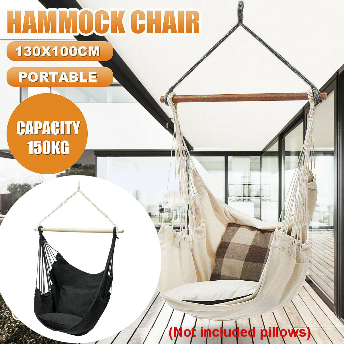 Portable Hanging Hammock Chair Swing Garden Outdoor Camping Soft with 2Xcushions
