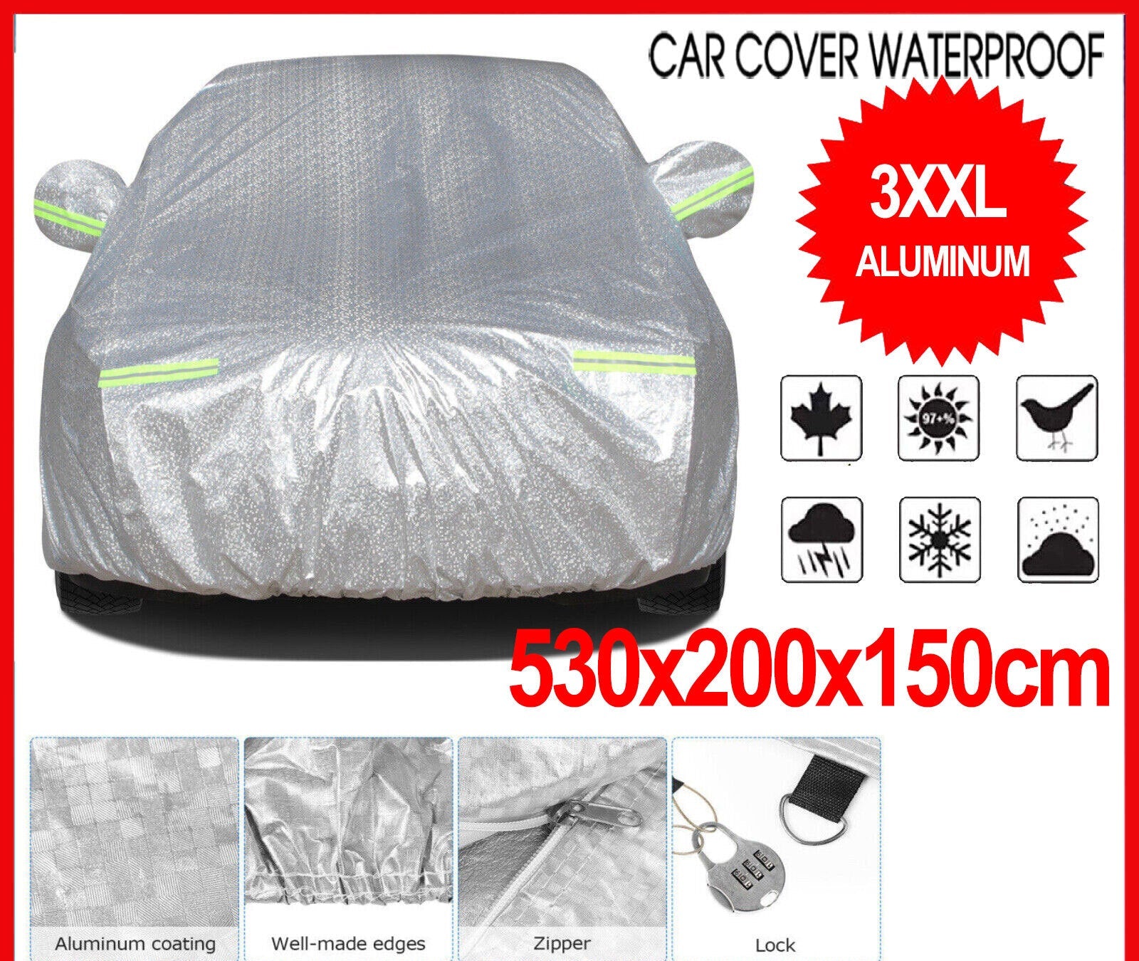 3XXL 6Layer Aluminium Waterproof Outdoor Car Cover Large SUV UV Resistant
