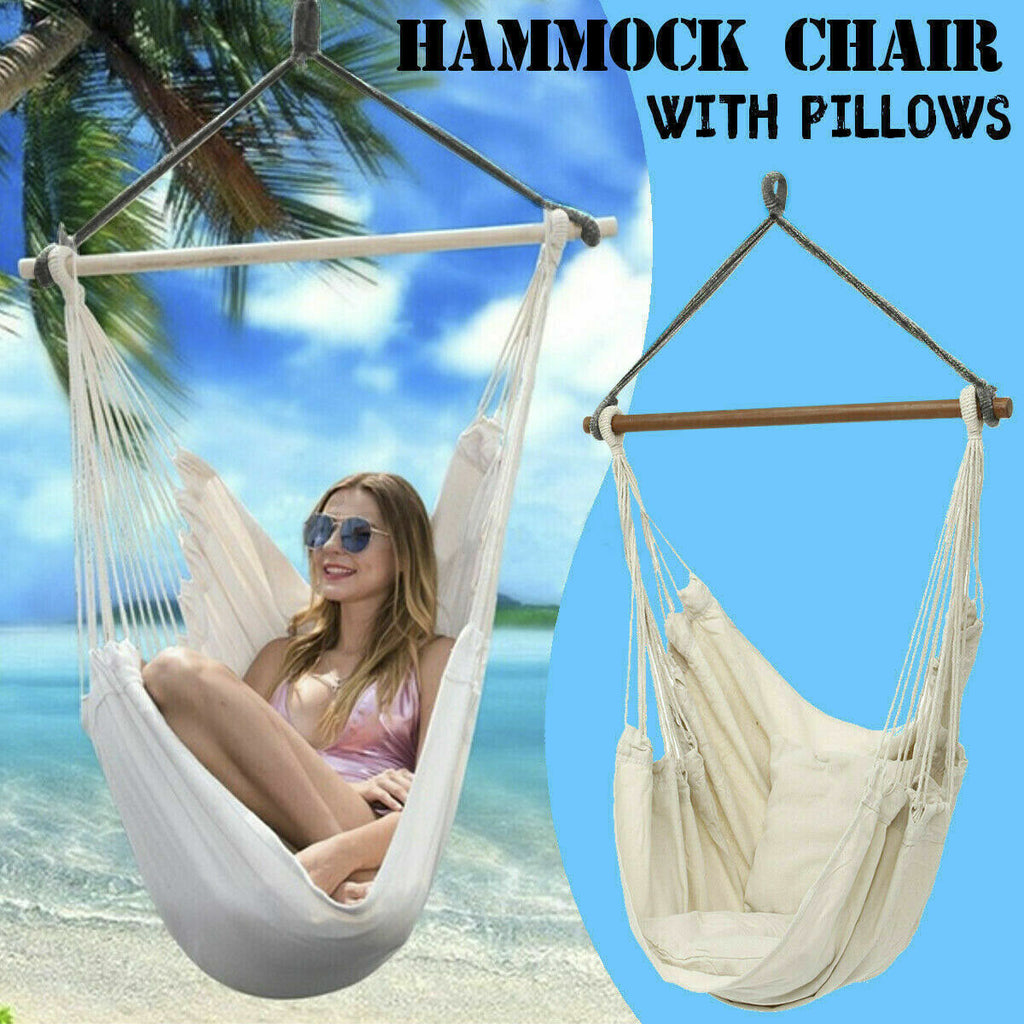 Portable Hanging Hammock Chair Swing Garden Outdoor Camping Soft with 2Xcushions