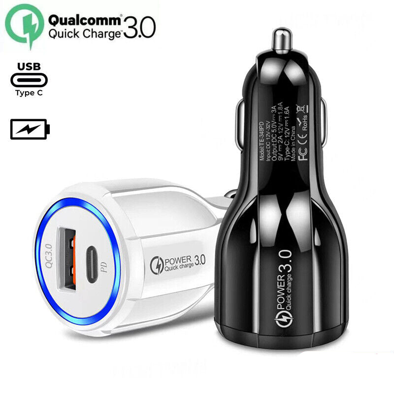 QC3.0 USB Type C Fast Car Charger 2 Ports Power Adapter for Apple Iphone Samsung