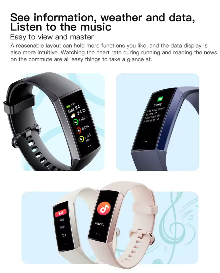 Multi-Functional: This smart bracelet offers a range of features, including call and message notifications, alarm clock, and music player, making it an ideal accessory for users who want a device that can keep up with their active lifestyle.