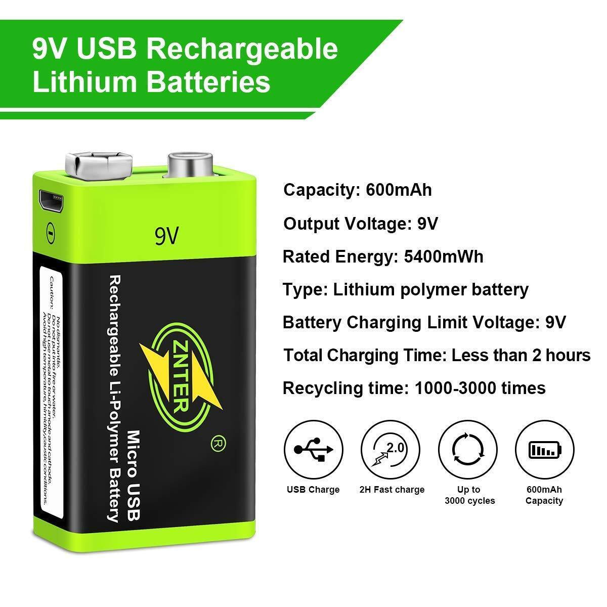 Micro USB 6LR61 9V Rechargeable Battery Li-Polymer Battery 5400Mwh 600Mah