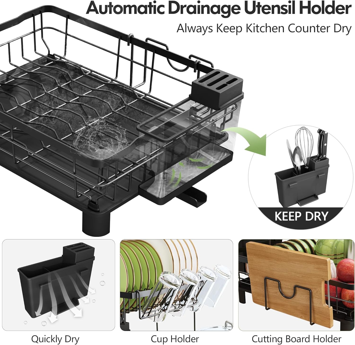Dish Drying Rack for Kitchen Counter, 2 Tier Dish Racks with Drainboard Set