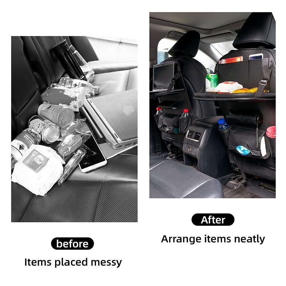 PU Leather Car Seat Back Organiser Storage Bag Foldable Table Tray Cup Holder