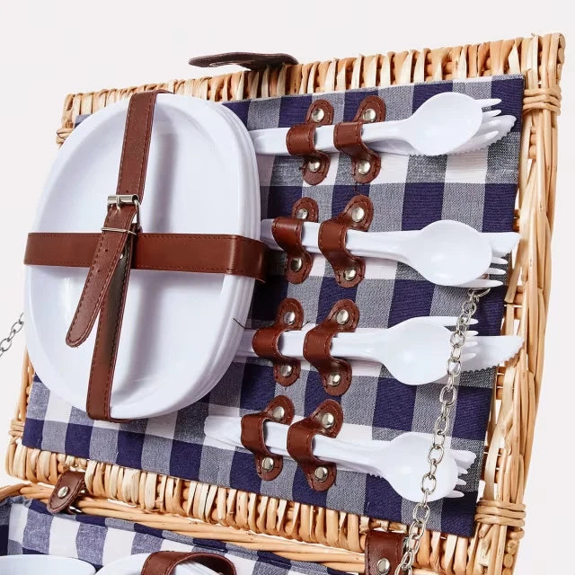 4 Person Picnic Basket Set 25 Pcs Rattan Wicker Basket Outdoor Cutlery Set
