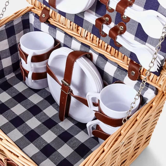 4 Person Picnic Basket Set 25 Pcs Rattan Wicker Basket Outdoor Cutlery Set