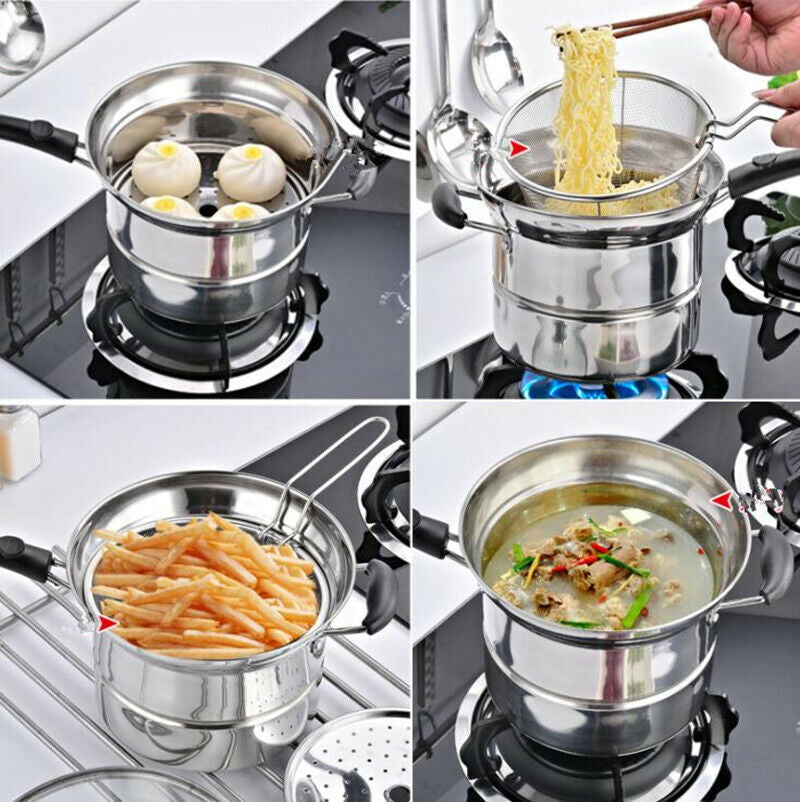 4PCS/SET STAINLESS STEEL CHIP PAN CHIPPAN FRYER POT with LID & BASKET