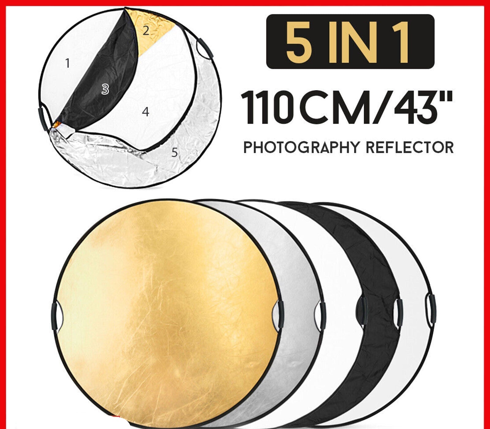 5X 110CM Photo Reflector with Handle Grip Studio Photography Light Collapsible