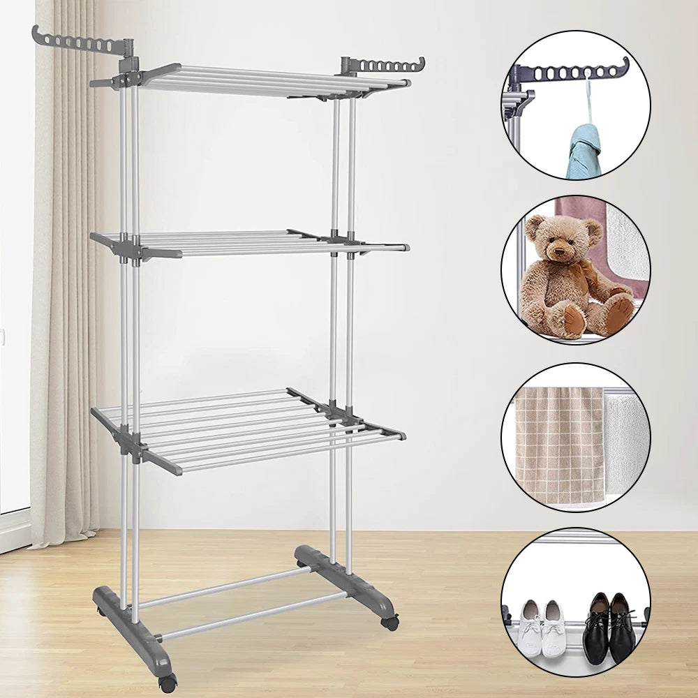 3 Tiers Foldable Garment Hanger Clothes Airer Drying Rack Laundry Support Horse