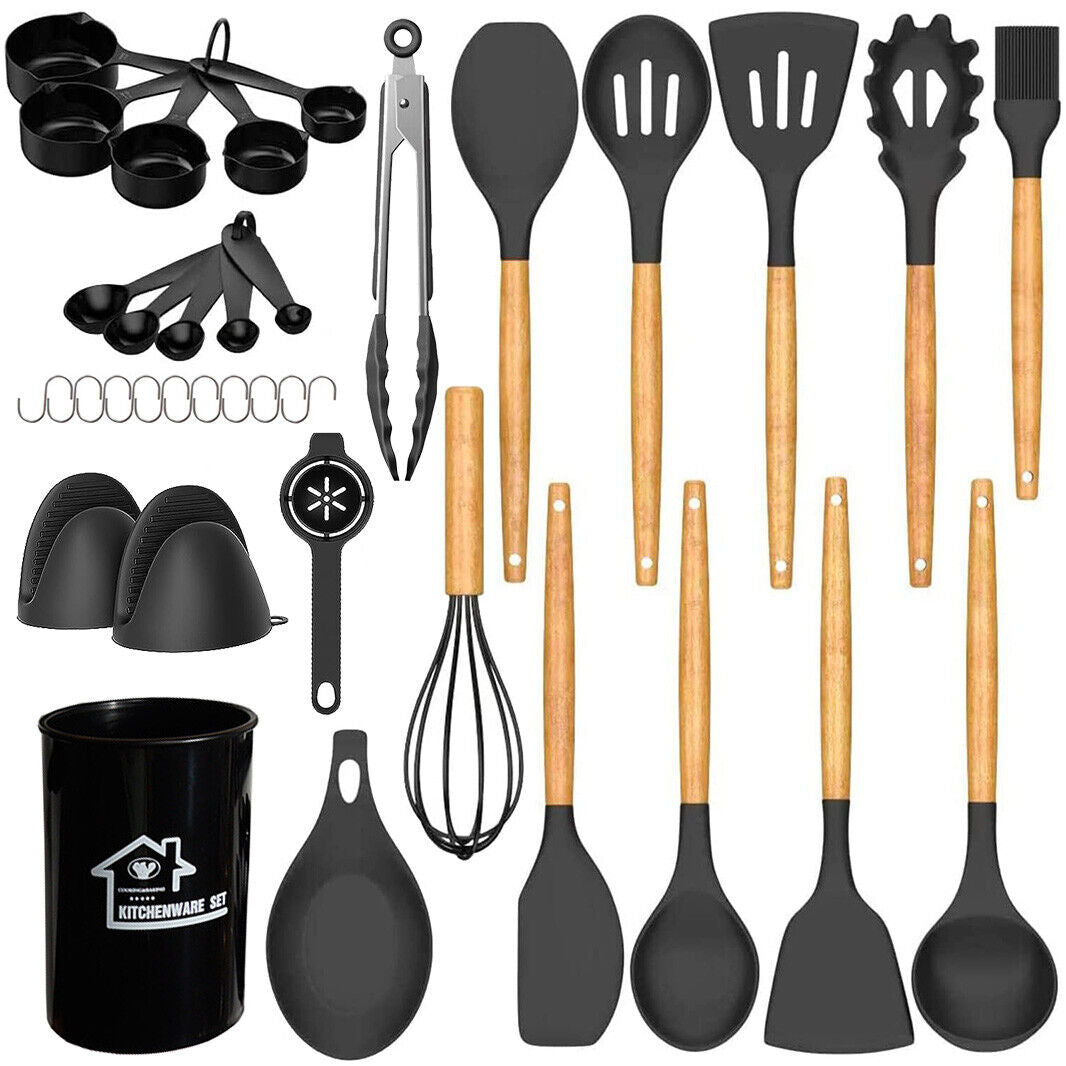 Set of 36 Silicone Utensils Set Wooden Cooking Kitchen Baking Cookware 2 Colours