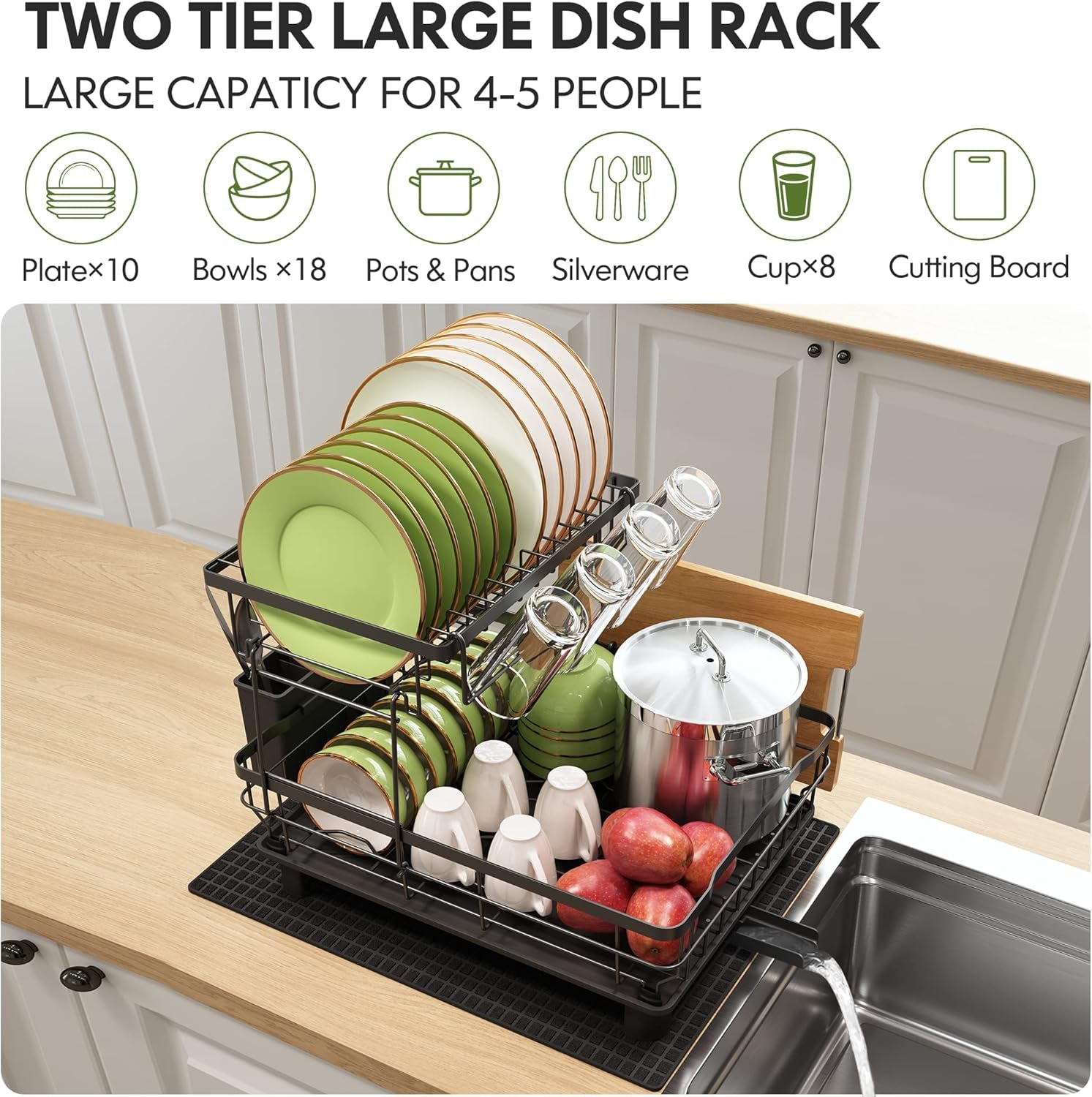 Dish Drying Rack for Kitchen Counter, 2 Tier Dish Racks with Drainboard Set