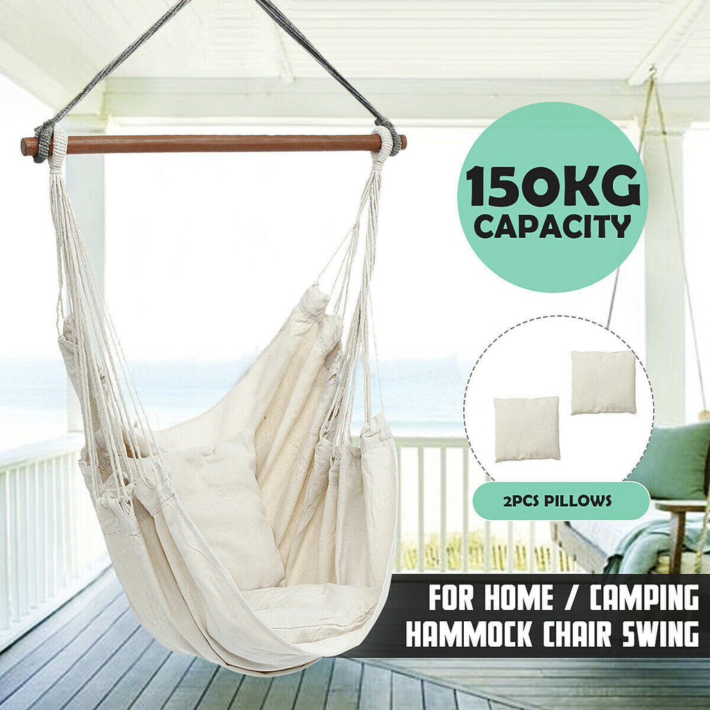 Portable Hanging Hammock Chair Swing Garden Outdoor Camping Soft with 2Xcushions