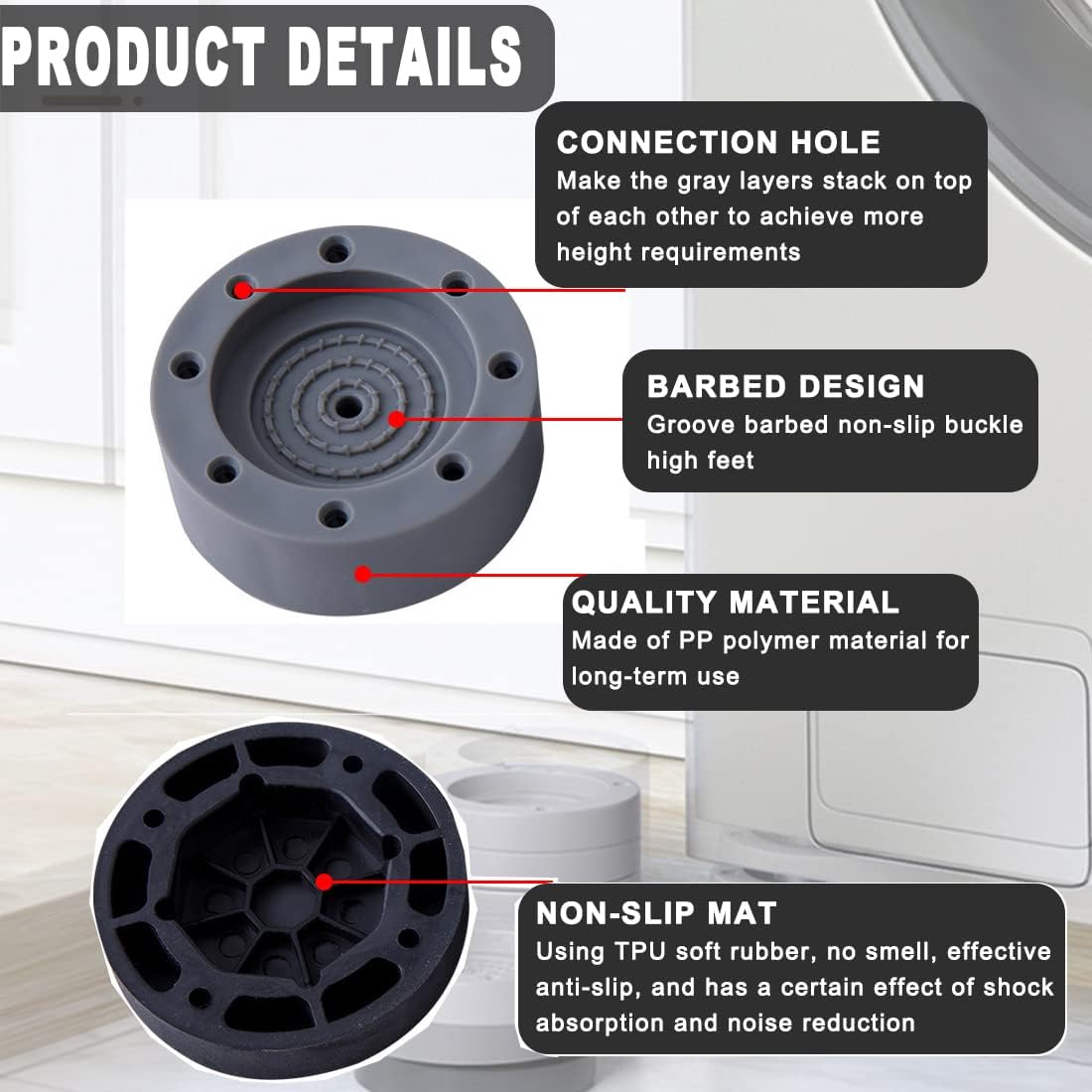 4Pcs Universal Anti-Vibration Non-Slip Supporting Pads Noise-Reducing Shockproof Rubber Feet Mats For Washing Machines, Dryers, Furniture, And More Household Items Avalable In 3 diffrent Sizes 3.5Cm, 6Cm, 8.5Cm