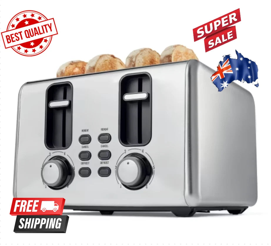 4 Slice Toaster - Silver Stainless Steel Browned Toast High Lift Kitchen