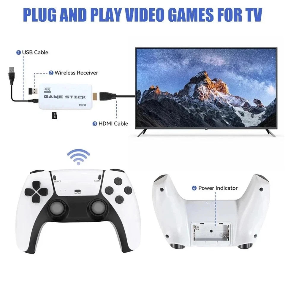 4K HDMI M15 Retro Game Stick Console 30,000+ Games Wireless TV Gaming System 2 Controllers