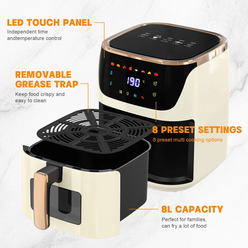 8L Air Fryer Healthy Fryer Oven Cooker LED Airfryer Oil Free Kitchen 1700W Beige