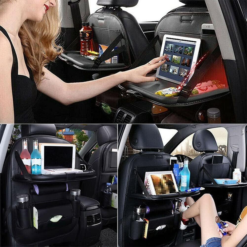 PU Leather Car Seat Back Organiser Storage Bag Foldable Table Tray Cup Holder