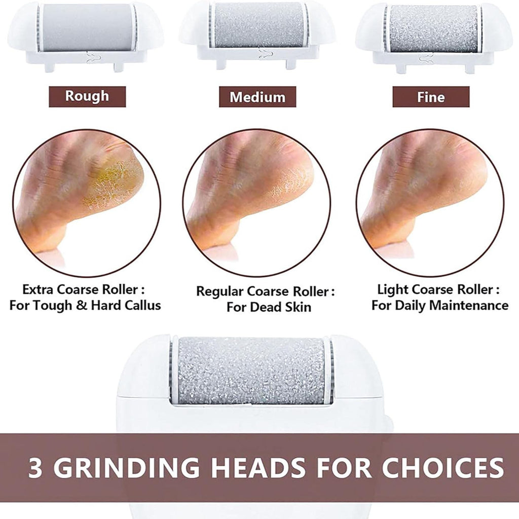 Electric Rechargeable Pedicure Foot Grinder Tool Professional Callus And Dead Hard Skin Remover multipurpose Foot File Shaver Powerful And Waterproof With 2 Speeds adjustment Option Includes 3 Replacement Roller Heads And Battery Display