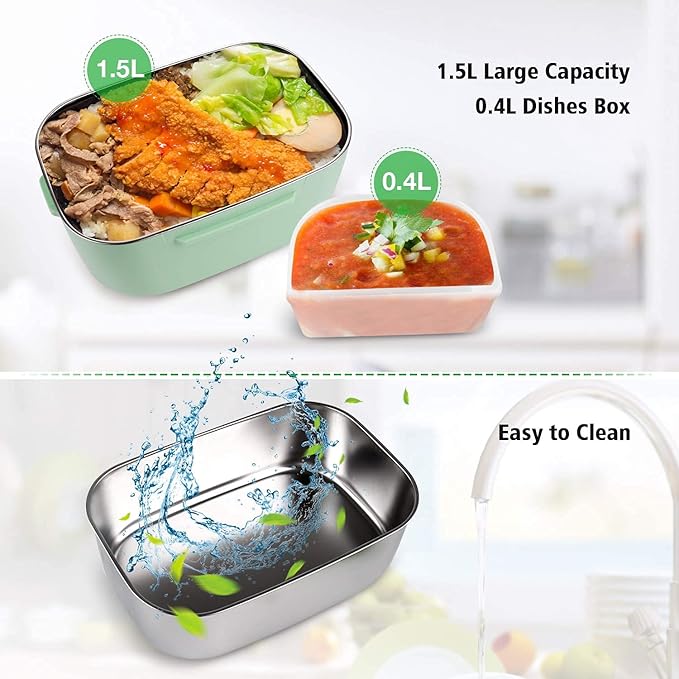 Portable Electric Lunchbox 1.5L | 2-in-1 Food Warmer with 360° Heating, Stainless Steel & Leak-Proof Design for Car/Office/Travel