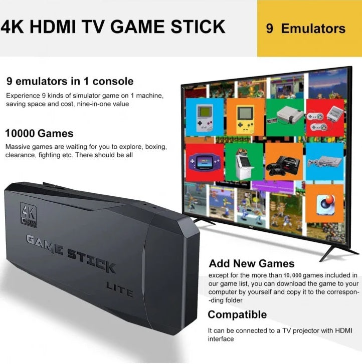 4K Ultra Retro Video Game Stick Pocket Arcade Console With 2 USB Wireless Game-pads 8 Bit Mini Retro Controller HD Dual Output Player With Built in 10000 Retro Classic Games For Kids And Adult Best for Christmas / Birthday / Thanksgiving / Valentine Gift