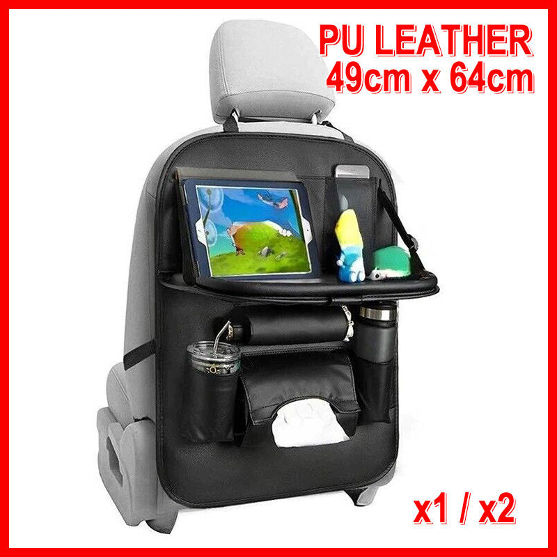 PU Leather Car Seat Back Organiser Storage Bag Foldable Table Tray Cup Holder