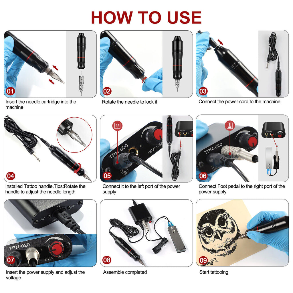 Tattoo Kit Gun Rotary Tattoo Machine Pen Tattoo Power Supply Set 14 Inks