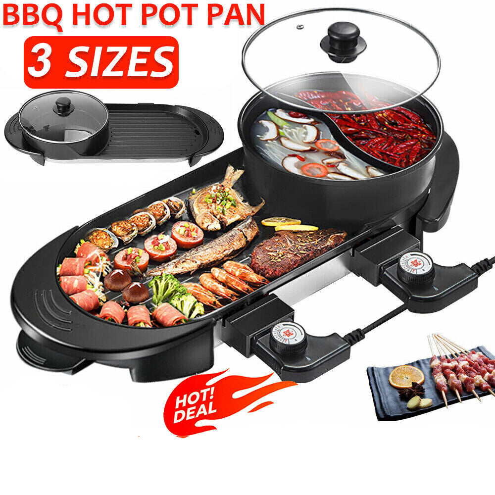 Electric 2 in 1 Hot Pot BBQ Oven Smokeless Barbecue Pan Grill Hotpot Machine AU