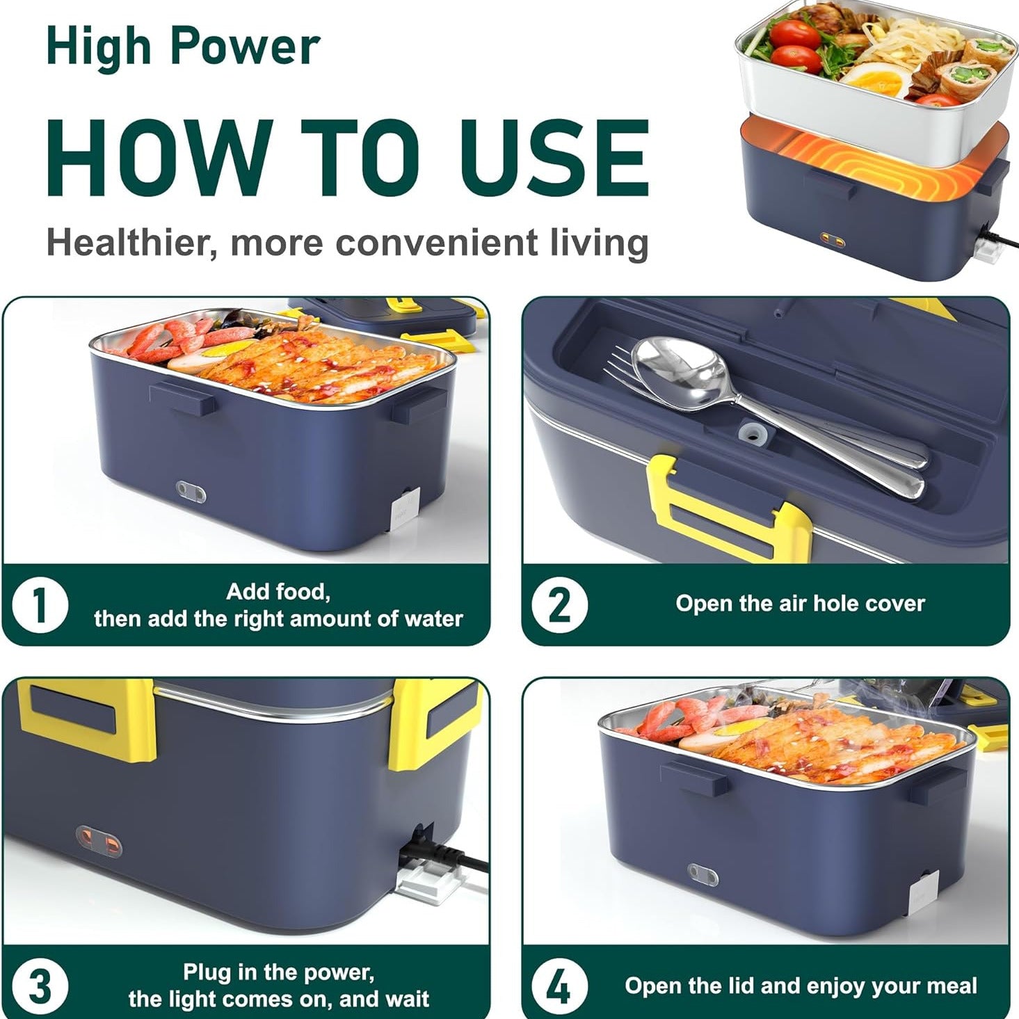 Electric Lunch Box Food Heater Upgraded High Power 75W  With Removable Stainless Steel, 12V, 24V, 110V Portable Self Heating Lunch Box For Car/Truck/Office 1.8L Large Capacity Leakproof Food Warmer